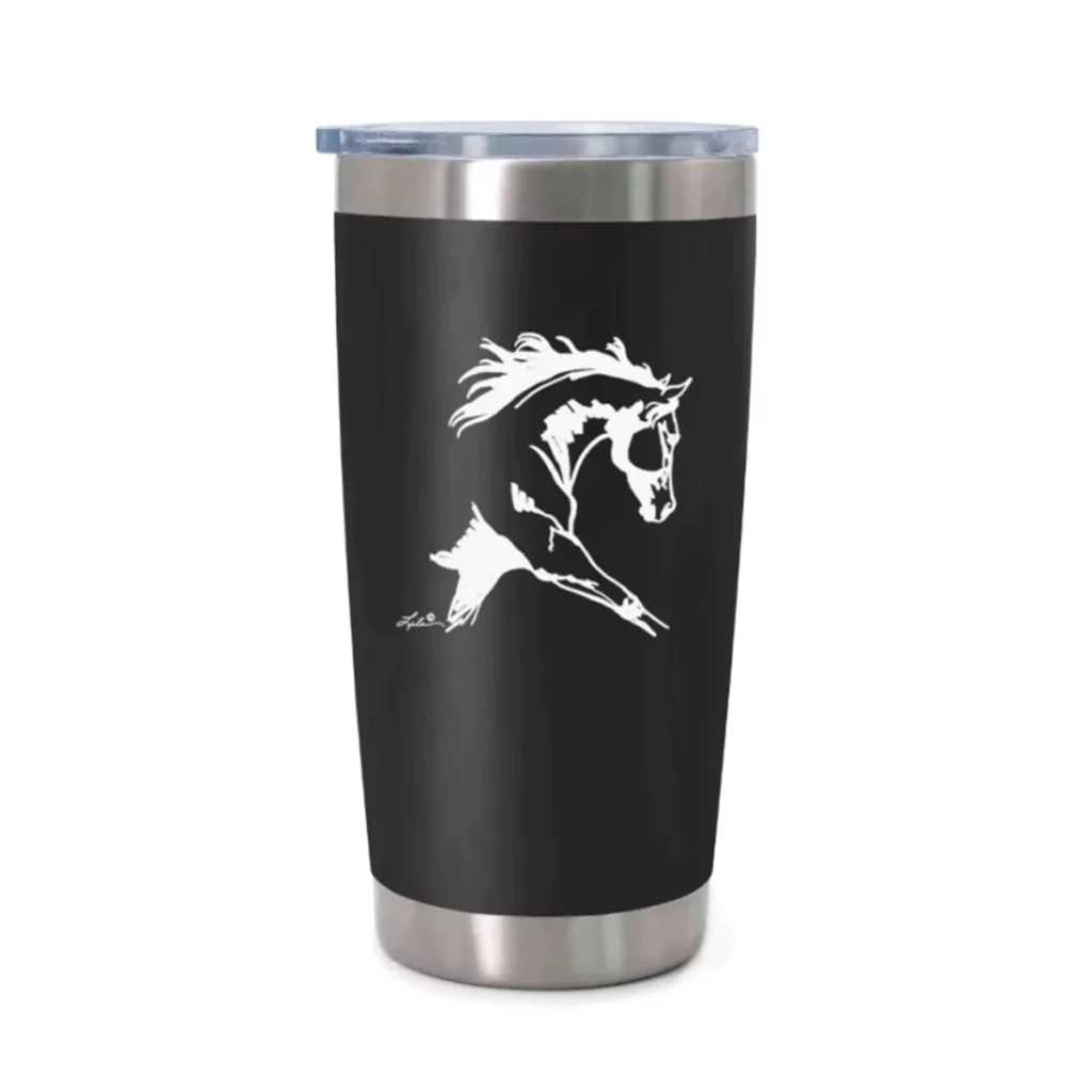 Black wine tumbler with white horse sketched on front