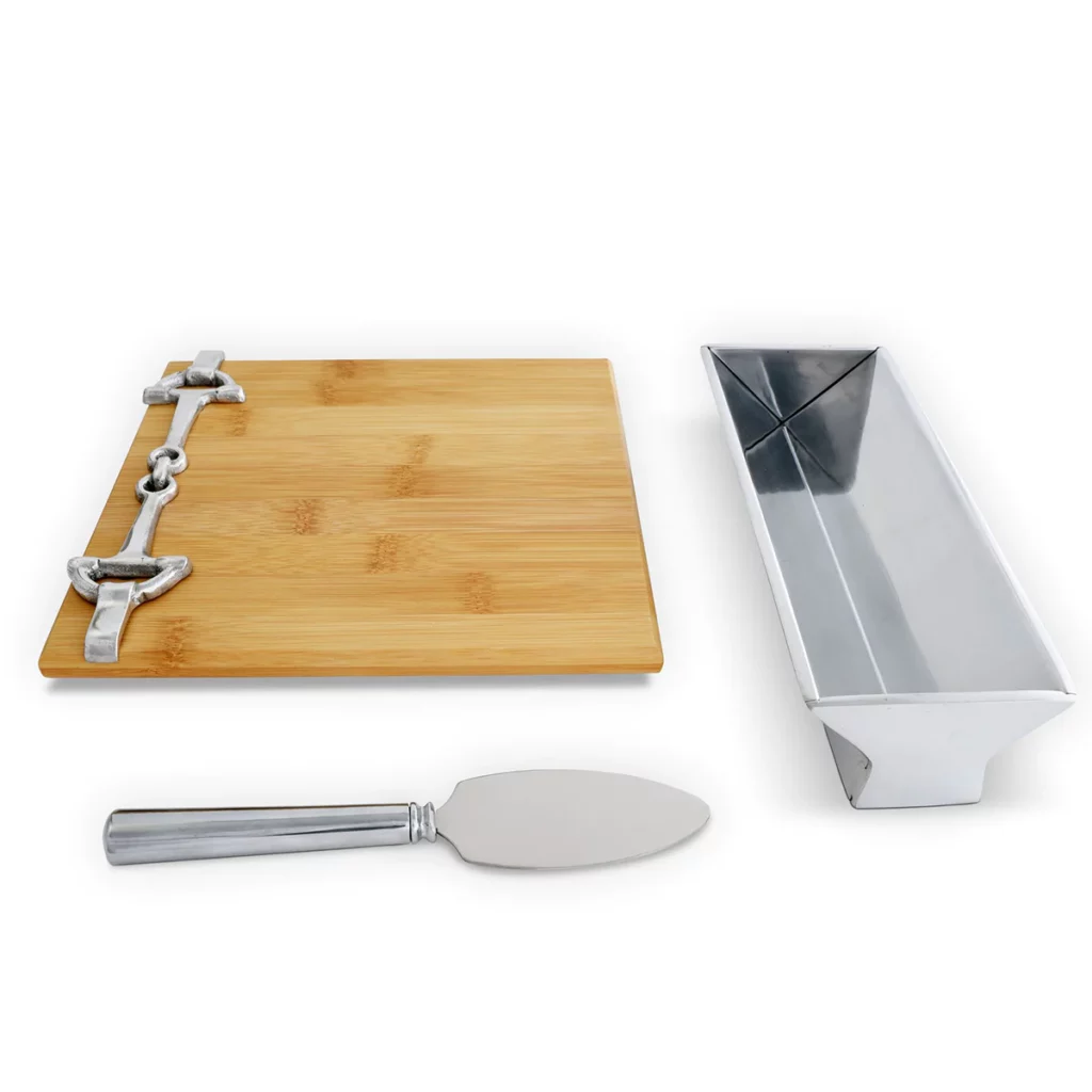 Bamboo cheese board with silver serveware