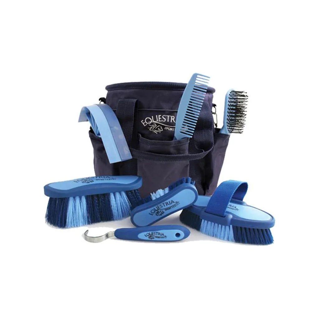 blue horse grooming kit with pockets for brushes and combs