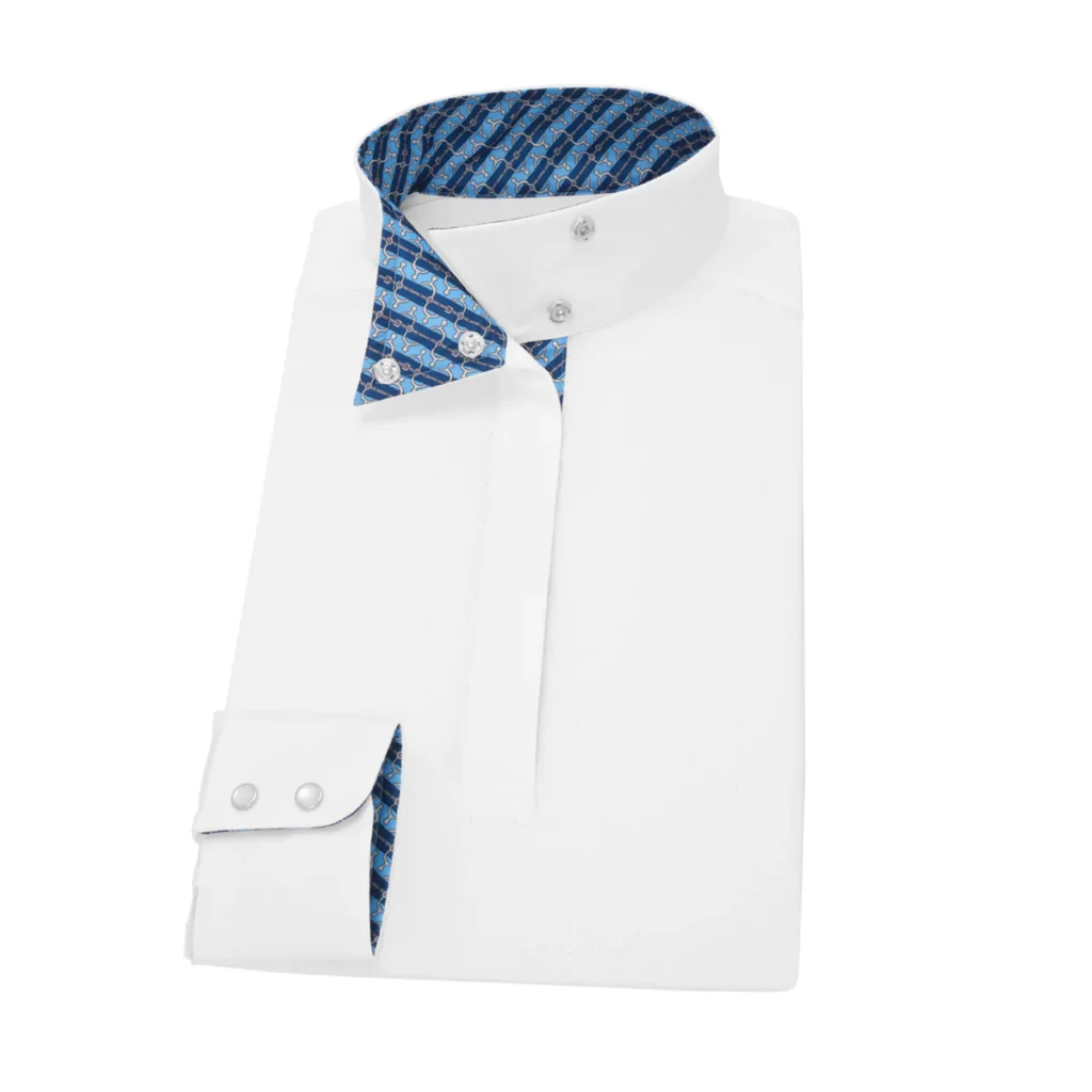 Folded white show shirt with a blue striped stirrup patterned inner collar