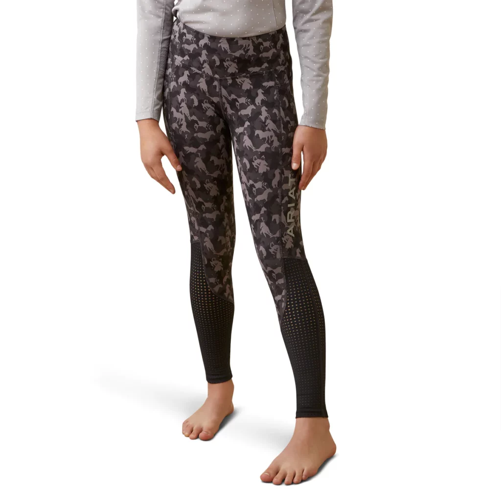 Ariat kids riding tights in dark grey with light grey horse print