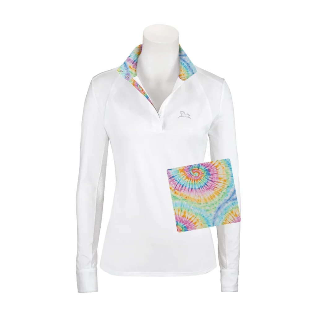 White show shirt with rainbow tie die lined collar