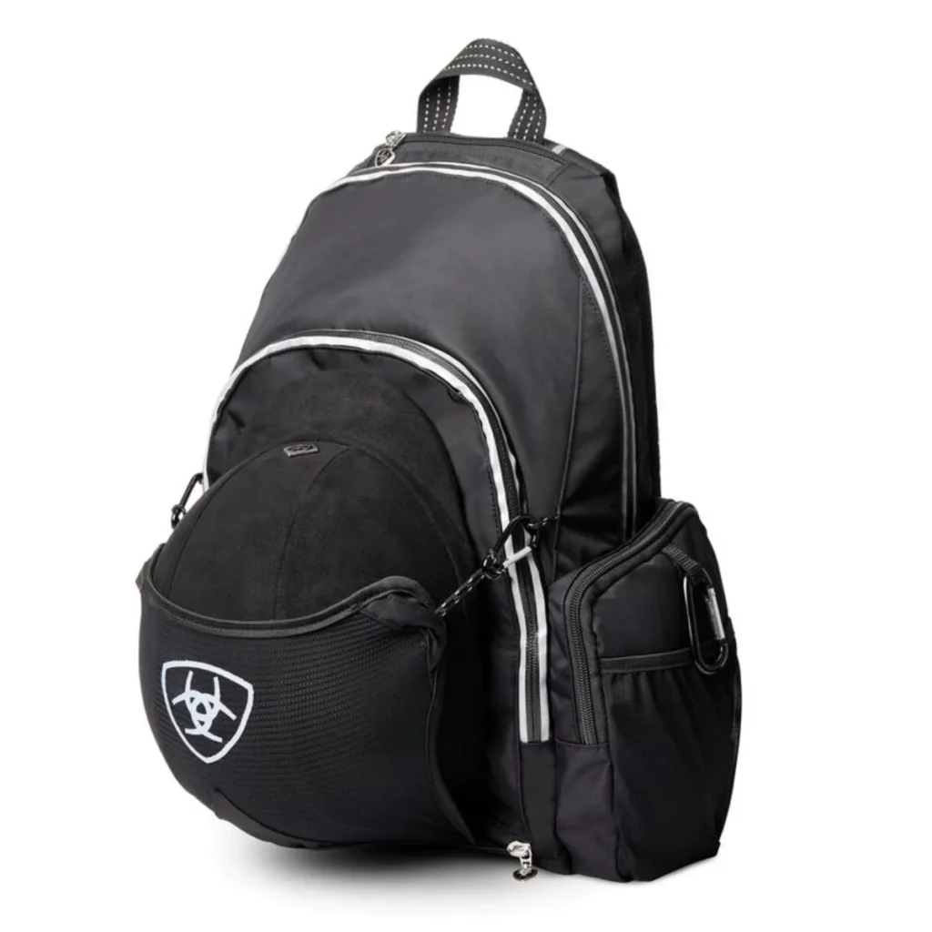 Black Ariat Ring backpack with black helmet in the front pocket