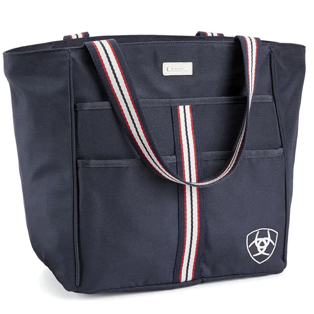 Navy Ariat tote bag with red, white, and navy striped handles 