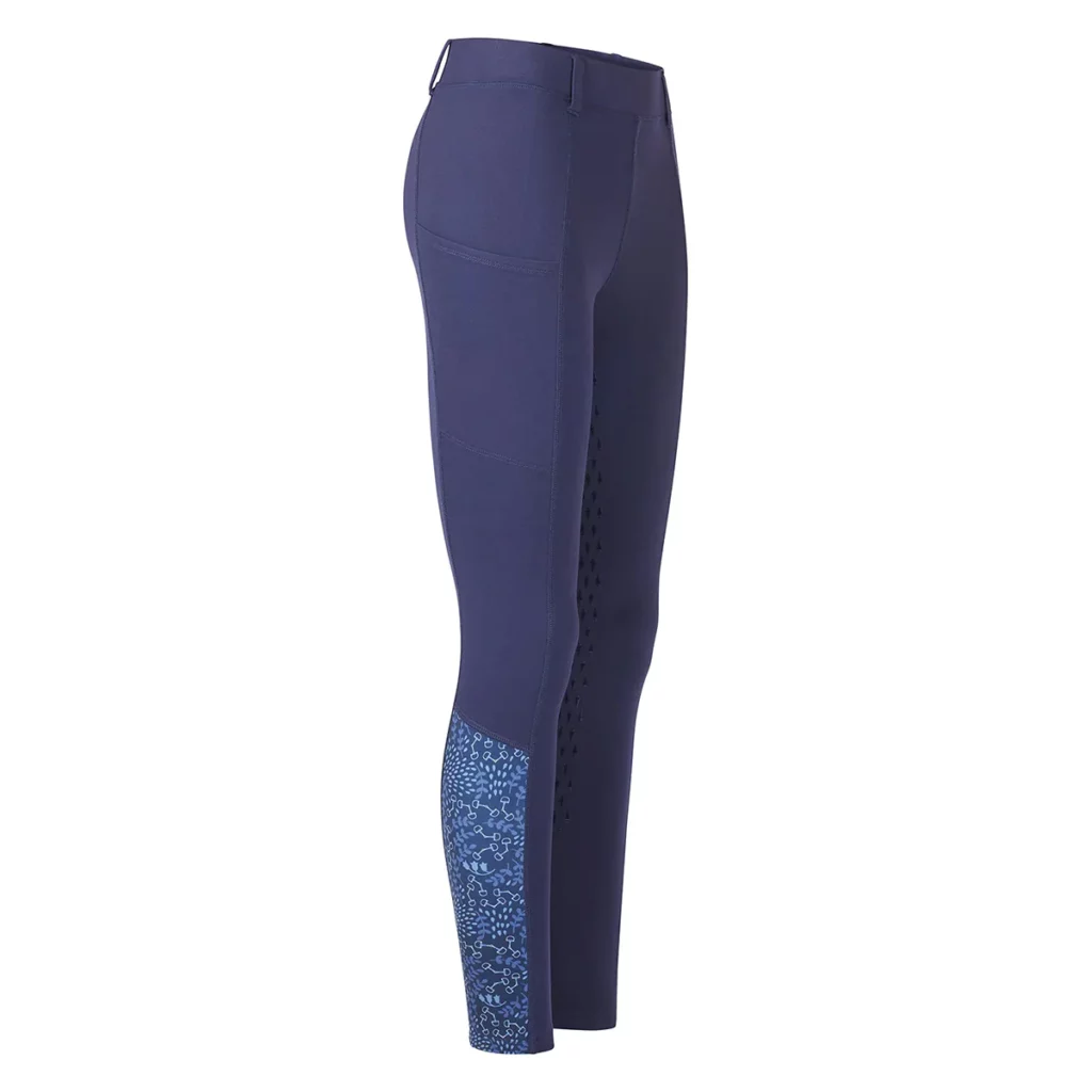Purple kid's riding tights with blue pattern on the outer calf