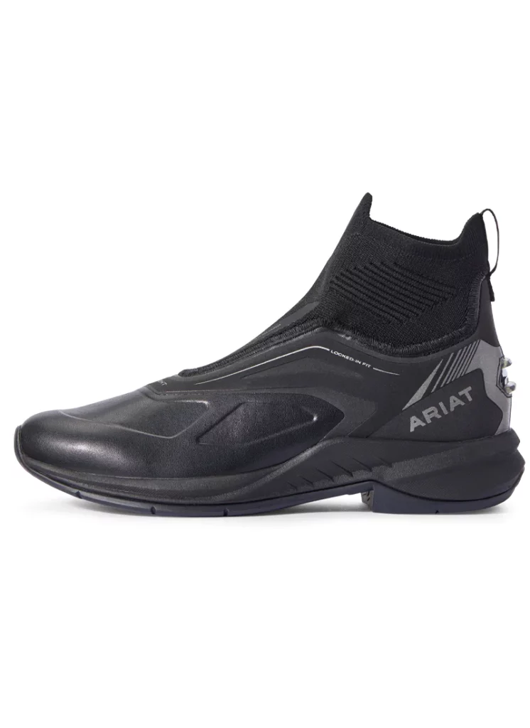 Black performance Ariat paddock boot with sneaker-like sole and tread