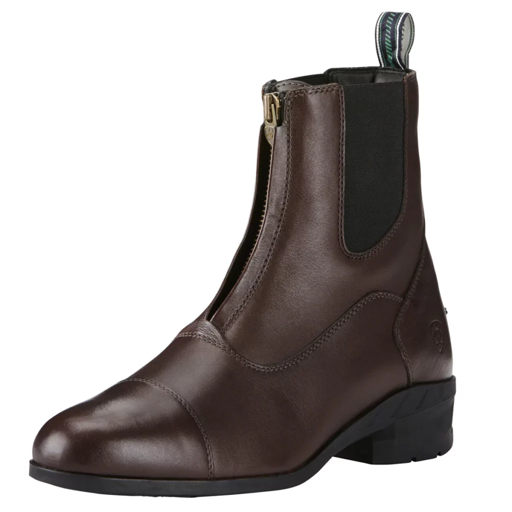 Dark brown Ariat paddock boots with bronze front zipper