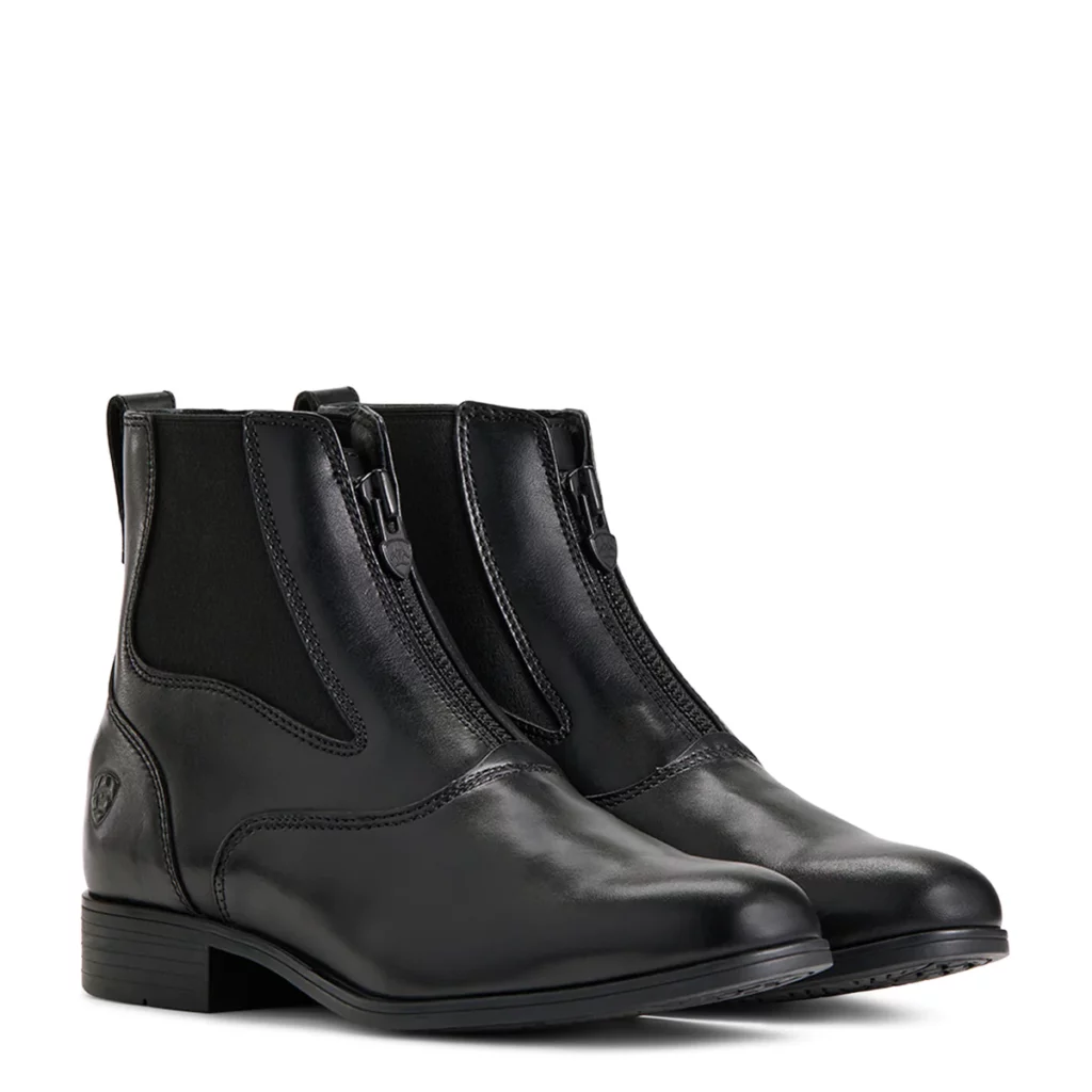 Black Ariat paddock boots with black front zipper