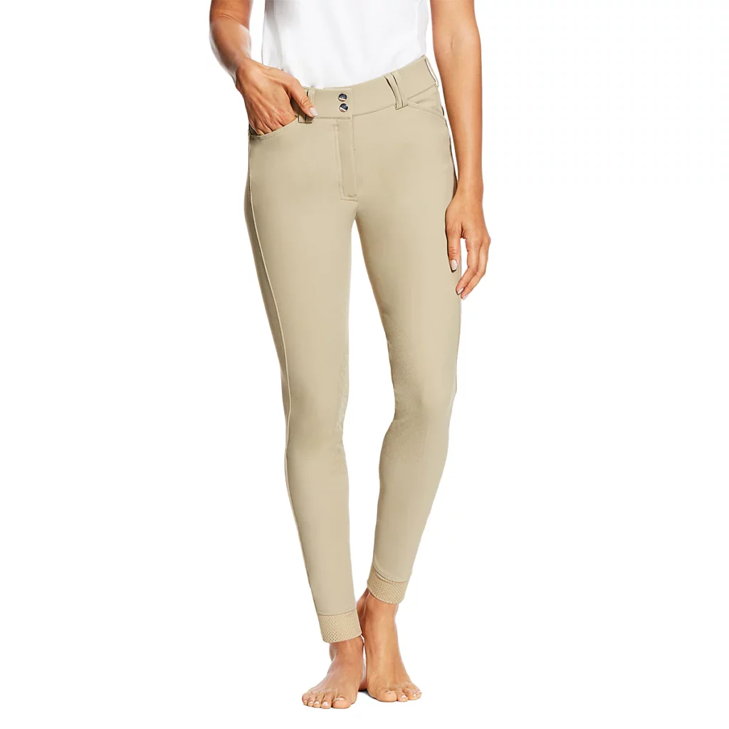 tan knee-patch breeches on a female model
