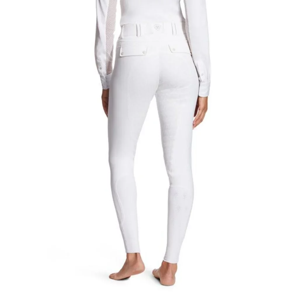 white full seat breeches on a female model