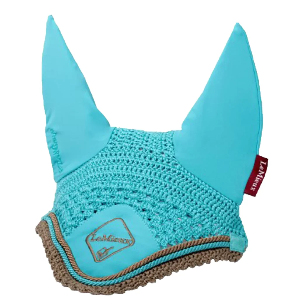 Bright blue fly hood for horse
