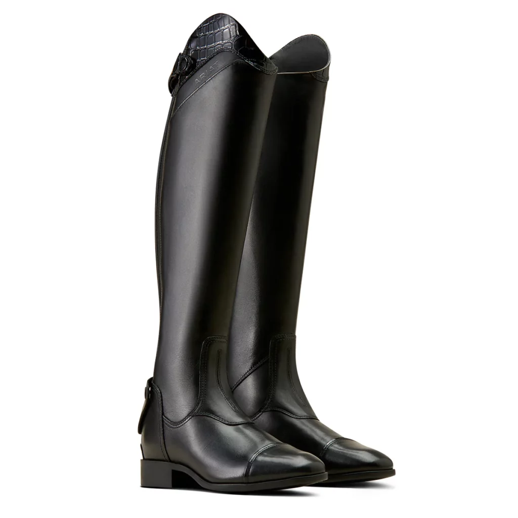 Pair of black leather tall riding boots with a croc skin patterned topline