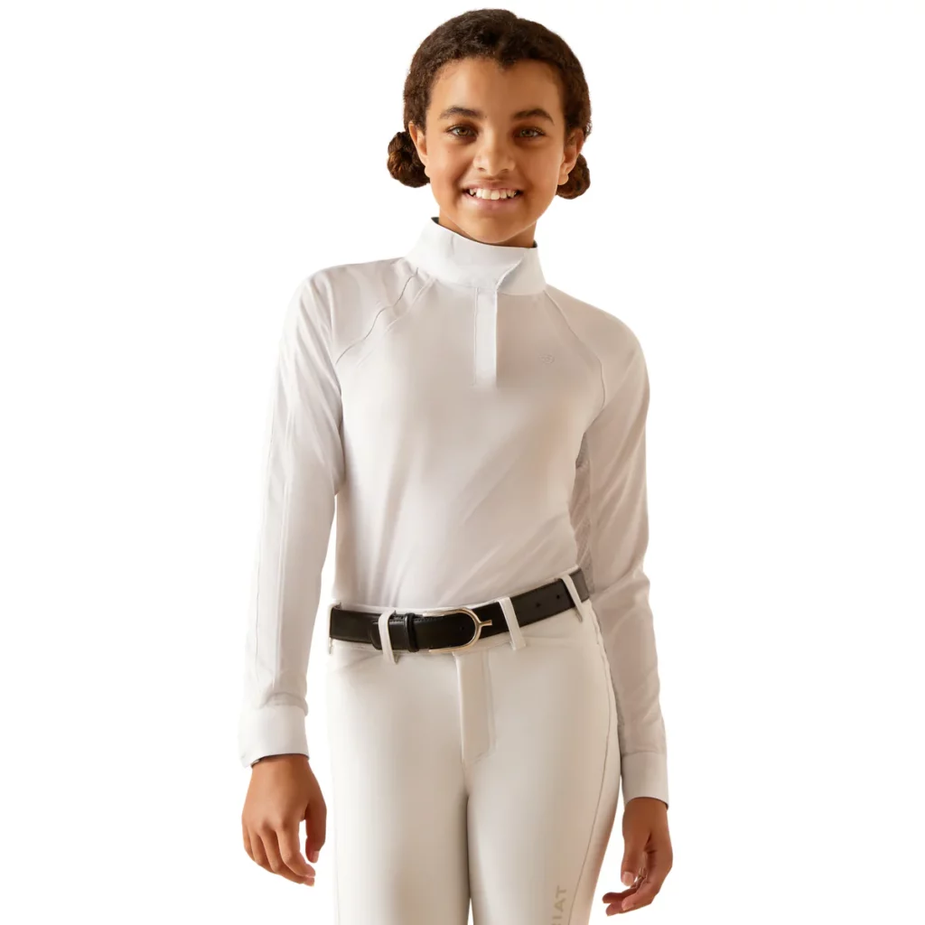 Girl wearing long sleeve white show shirt