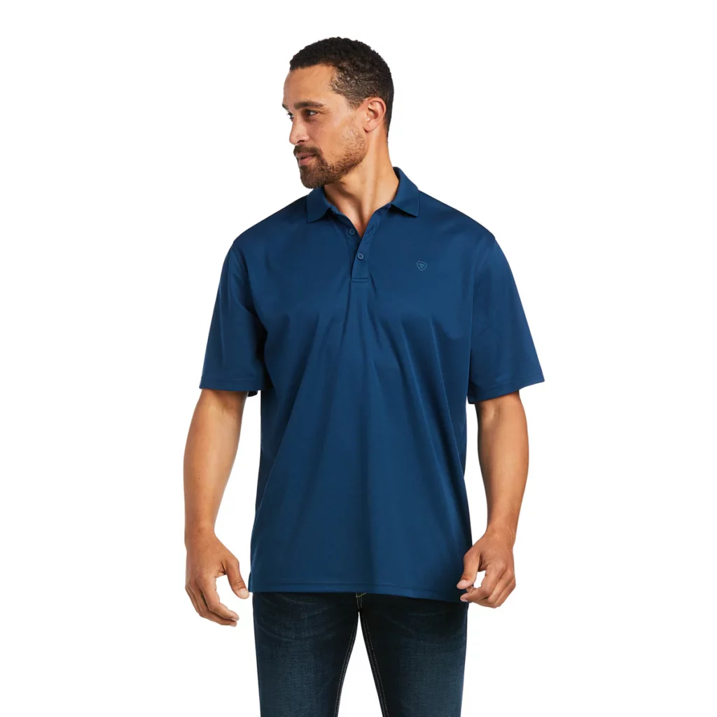 Man wearing dark blue short sleeve polo shirt