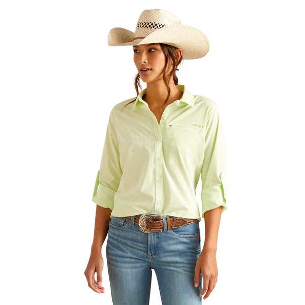 Woman in lime Ariat VentTEK II Stretch Long Sleeve Shirt