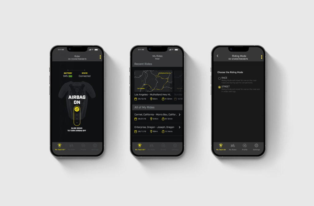 Screenshots of the Alpinestars Tech-Air smartphone app showing battery status, ride tracking, system readiness, and riding mode settings.